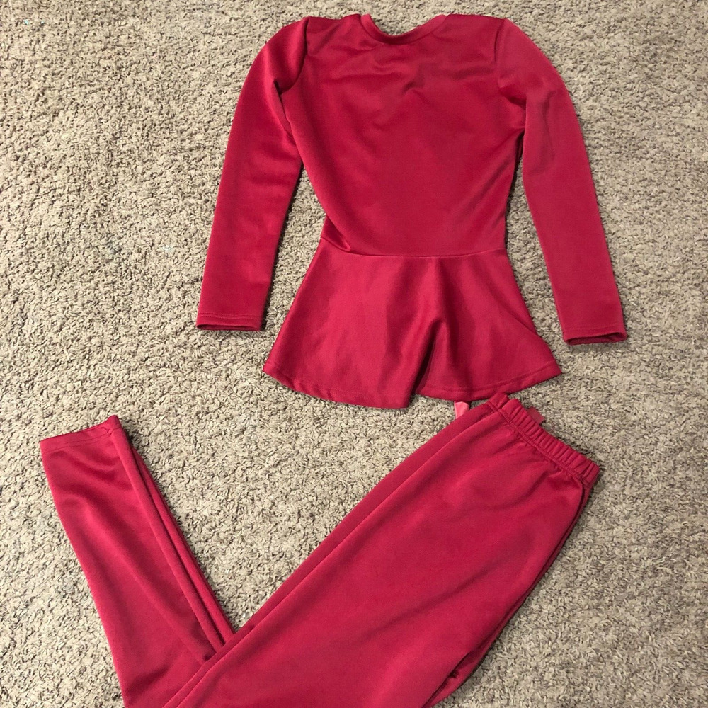 Women's Lace Up Back Long Sleeve‎ Top 2 Piece Pants Set Red Size Small